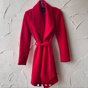 Dynamite red long pea coat with dramatic collar
